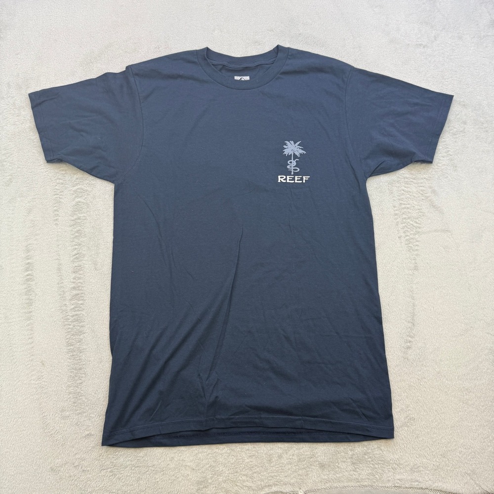 Reef Graphic T Shirt Mens Medium‎ Navy Blue Palm Tree Snake Logo Surf Skater Tee